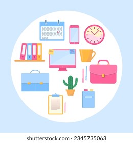 Set of office accessories on blue background. Clipart. Business concept.  Cartoon flat style. Vector illustration
