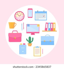 Set of office accessories on pink background. Business concept. Clipart. Cartoon flat style. Vector illustration

