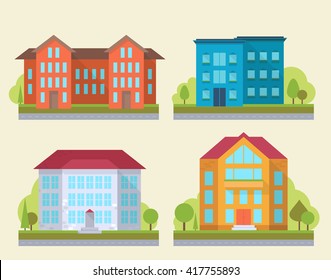 Set of office or adiministrative buildings, outdoor cartoon architecture set, vector illustration icons