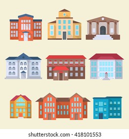 Set of office or administrative buildings, outdoor cartoon architecture set, vector illustration icons