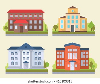 Set of office or administrative buildings, outdoor cartoon architecture set, vector illustration icons