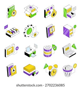 Conjunto de iconos isométricos de Office y Analytics