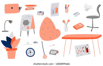 A set of office attributes: a table, a chair, a chair bag, a lamp, a laptop, a plant, a clock, and more.