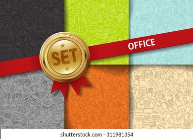 Set of office backgrounds with hand drawing icons in different colors