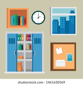 set of office books in the bookcase and window with clock and noteboard