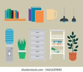 set of office books with lights and water purifier with file cabinet