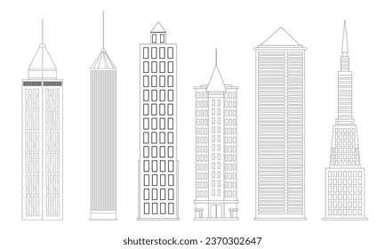 Set of office building in doodle style. Outline skyscrapers isolated on white background. Vector illustraiton.