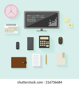 Set of office and business stock finance elements in flat design, Vector 