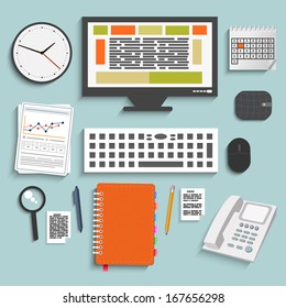 Set of office and business work elements in flat design