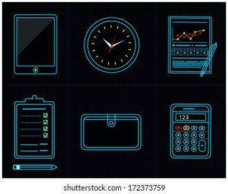 Set of office and business work elements neon icon