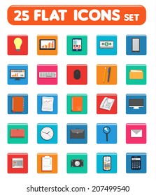 Set of office and business work elements in flat design. Web design objects, strategy, business, office and marketing items icons. Set of 25 business item icons in flat design style