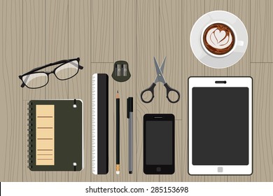 Set of office and business work elements on a desk. Black and Gray color tone. Top view. Vector illustration
