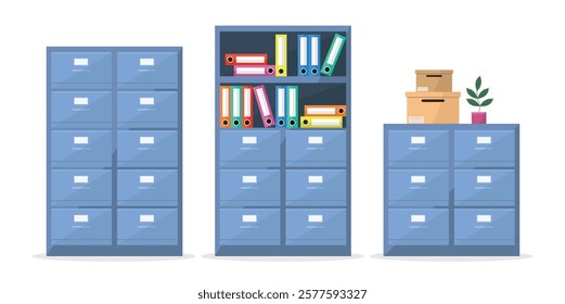 Set of office cabinet icons with files and folders on white background.