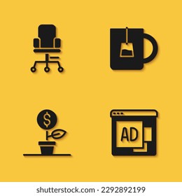 Set Office chair, Advertising, Dollar plant and Cup of tea icon with long shadow. Vector