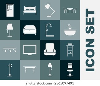 Set Office chair, Bathroom rack with shelves for towels, Washbasin water tap, Table lamp, Sofa, Closed door and Shower icon. Vector