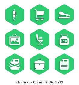 Set Office chair, Briefcase, File document, Inkwell, Delete file, Picture landscape, Stapler and Fountain pen nib icon. Vector