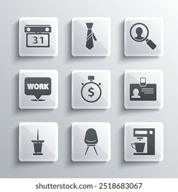 Set Office chair, Coffee machine, Identification badge, Time is money, Push pin, Location with text work, Calendar and Magnifying glass for search people icon. Vector