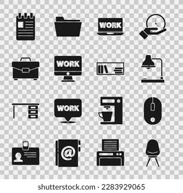 Set Office chair, Computer mouse, Table lamp, Laptop with text work, Monitor, Briefcase, Spiral notebook and Shelf books icon. Vector