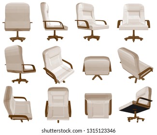 Set with an office chair in different positions. 3D. Polygonal armchair with brown handles. Vector illustration.