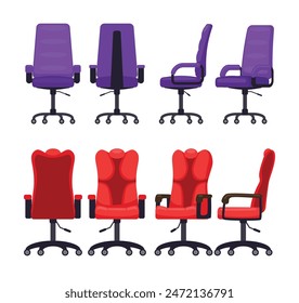 Conjunto de silla de oficina con vista diferente o ángulo delantero y trasero, taburete de trabajo vacío con ruedas moderno sillón, muebles interiores, concepto de alquiler aislado sobre fondo blanco, Ilustración vectorial.