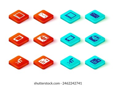 Set Office chair, Document with graph chart, Mobile phone, Mail and e-mail,  and Laptop icon. Vector