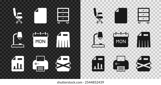 Set Office chair, File document, Archive papers drawer, Document with graph chart, Printer, Delete file, Table lamp and Calendar icon. Vector