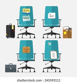 Set of office chair in flat design with resign message, vacation or holiday message, I need a job message and we need you message, Vector, Illustration