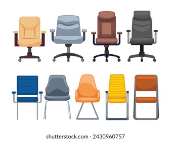 Conjunto de la colección del frente de la silla de la oficina aislado sobre fondo blanco, taburete de trabajo vacío con ruedas, muebles interiores sillón moderno silla de oficina vacía, ilustración vectorial