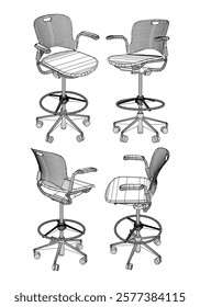 Set office chair isolated line art. Vector illustration interior furniture on white background. Office chair line art for coloring book.