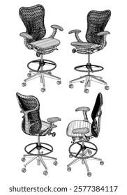 Set office chair isolated line art. Vector illustration interior furniture on white background. Office chair line art for coloring book.