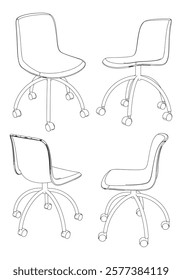 Set office chair isolated line art. Vector illustration interior furniture on white background. Office chair line art for coloring book.