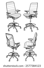 Set office chair isolated line art. Vector illustration interior furniture on white background. Office chair line art for coloring book.