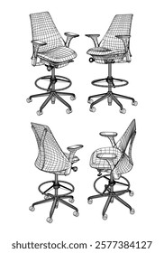 Set office chair isolated line art. Vector illustration interior furniture on white background. Office chair line art for coloring book.