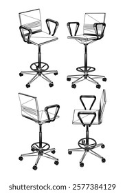 Set office chair isolated line art. Vector illustration interior furniture on white background. Office chair line art for coloring book.