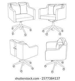 Set office chair isolated line art. Vector illustration interior furniture on white background. Office chair line art for coloring book.