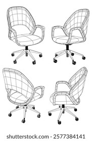 Set office chair isolated line art. Vector illustration interior furniture on white background. Office chair line art for coloring book.