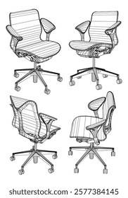 Set office chair isolated line art. Vector illustration interior furniture on white background. Office chair line art for coloring book.