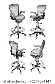 Set office chair isolated line art. Vector illustration interior furniture on white background. Office chair line art for coloring book.