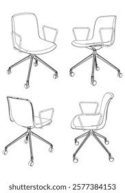 Set office chair isolated line art. Vector illustration interior furniture on white background. Office chair line art for coloring book.