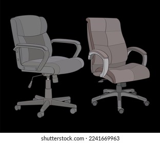 Set office chair isolated vector art. Vector illustration interior furniture on black background. Office chair vector art for coloring book.
