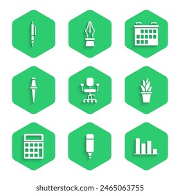 Set Office chair, Marker pen, Pie chart infographic, Plant pot, Calculator, Push pin, Calendar and Pen icon. Vector