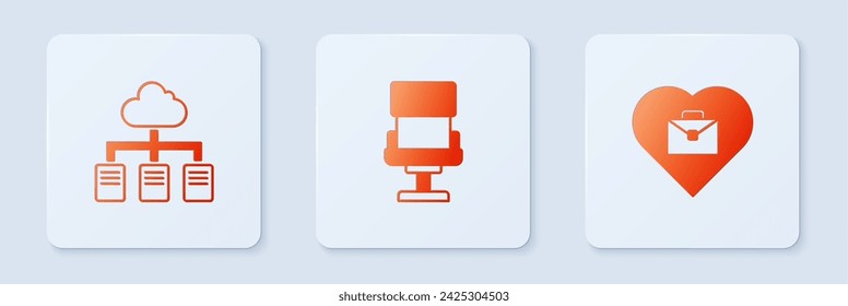 Establecer silla de oficina, trabajo en línea y corazón con texto. Botón cuadrado blanco. Vector