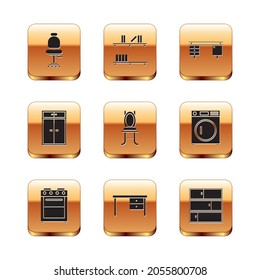 Set Office chair, Oven, desk, Chair, Wardrobe, Shelf and with books icon. Vector