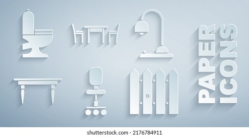 Set Office chair, Table lamp, Wooden table, Garden fence wooden, with and Toilet bowl icon. Vector