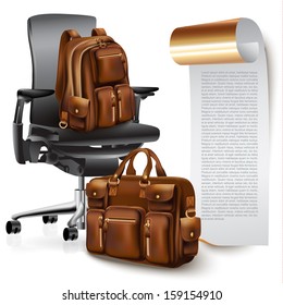 Set of an office chair and two bags, isolated on white background. Vector illustration