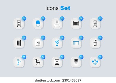 Set Office chair, Wardrobe, Table lamp, Floor, Chandelier, Furniture nightstand with, Chest of drawers and Coat icon. Vector