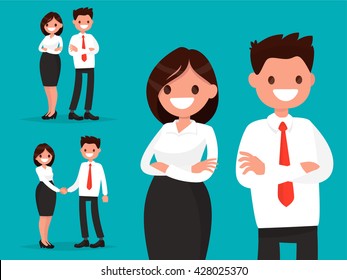 Set office characters. Business couple together and shake hands. Vector illustration of a flat design