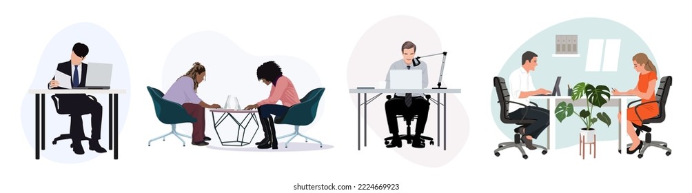 Set of office clerks working with computer and documents at workplaces. Collection of colleagues, modern businessmen and businesswomen sitting at the table. Flat vector illustration isolated on white.