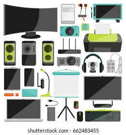 Set of office, computer and art accessories, electronic devices and gadgets in flat style isolated on white background. Elements of design for business, web, advertising, banners. Vector illustration