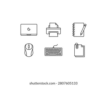 Set of office and computer icons, including laptop, printer, notebook, mouse, keyboard, and paper clip